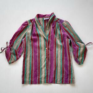 Vtg 80s Striped Button Up Collared Blouse / DAVIDA SPORT / Half Sleeve